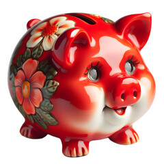 Vintage Porcelain Piggy Bank Red Illustration Art with a Transparent Background Generative AI.