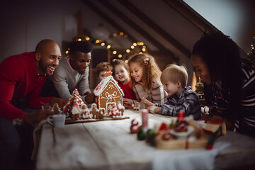 Celebrating Together: A Family Enjoys the Tradition of Decorating a Christmas Gingerbread House, Embracing the Joy of Christmas and New Year's