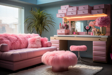 A chic pink-themed room with plush furnishings reflects a modern, feminine interior design style. - obrazy, fototapety, plakaty