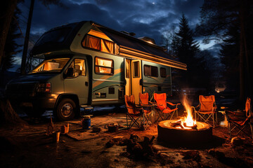 A cozy campfire scene outside an RV in a forest setting at dusk, embodying the spirit of adventure. - obrazy, fototapety, plakaty