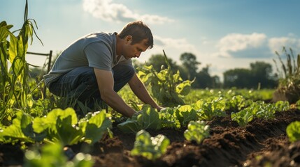 Naklejka na ściany i meble portrait of young man in vegetable garden working outside with land