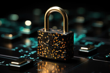 Close-up of a padlock and binary code overlay.