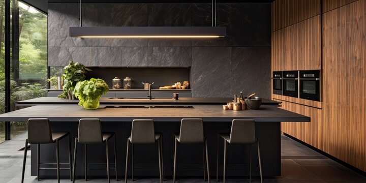 The contemporary kitchen features natural veneer facades and anthracite painting.