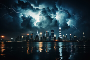 Cloud-to-ground lightning behind a silhouette of skyscrapers. - obrazy, fototapety, plakaty