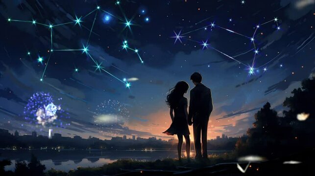 A couple enjoying the atmosphere of New Year's Eve from the top of the hill with a beautiful view of fireworks in the sky, stars and falling meteorites, this image is an illustration