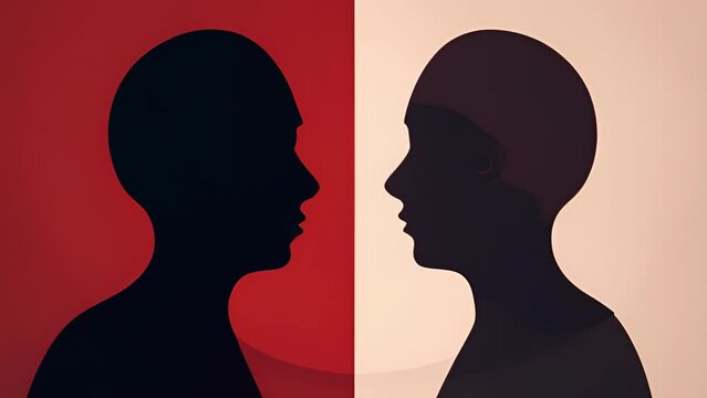 Two figures facing each other with one representing our conscious mind and the other our unconscious mind. Psychology art concept.