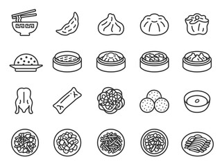 いろいろな、中華料理のアイコン（線画）のイラストセット