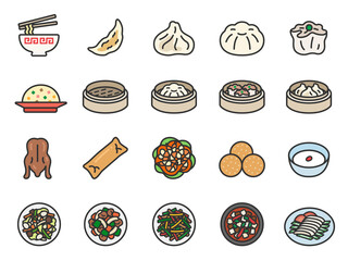 いろいろな、中華料理のアイコン（線画カラー）のイラストセット