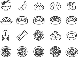 いろいろな、中華料理のアイコン（線画）のイラストセット