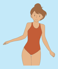Happy woman in swimsuit. Hand drawn flat cartoon character vector illustration.