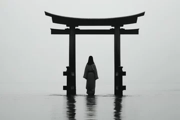 Fototapeten Silhouette of a woman standing in the water, Japan © Harmony