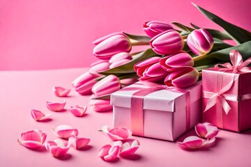 Obraz na płótnie Canvas Bouquet of pink tulips and gift box on pink background