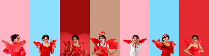 Set of beautiful young woman dressed as Cupid on color background. Valentine's Day celebration