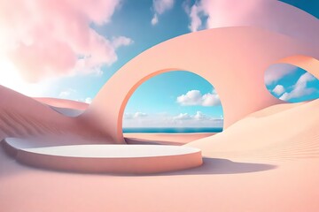 Abstract Surreal pastel landscape background with arches and podium for showing product, panoramic view, Colorful dune scene with copy space, blue sky and cloudy, Minimalist decor design