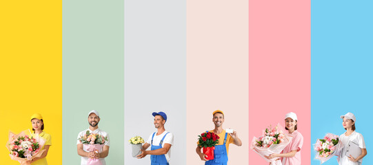 Set of couriers with bouquets of flowers on color background