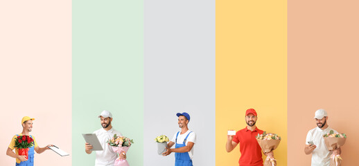 Set of male couriers with bouquets of flowers on color background