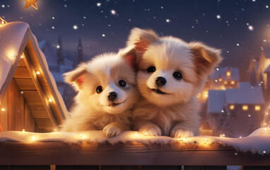 Cute puppy in winter festive atmosphere,created with Generative AI tecnology.