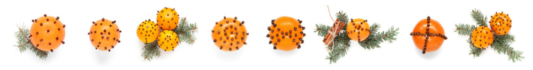 Set of Christmas pomander balls on white background, top view