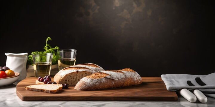 Modern kitchen table with board, knife, and toasts.
