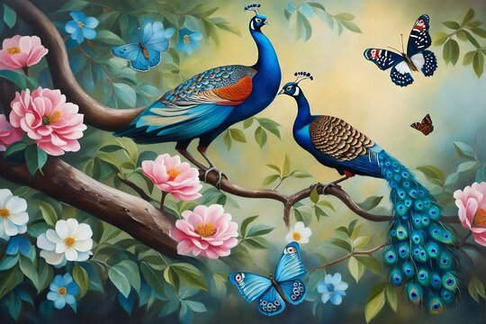 wallpaper , oil painting tree branch with flowers , oil painting two peacock with small and large butterfly