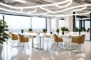 Fototapeta na wymiar The interior decoration of a modern and stylish office space, white chairs and tables, with good lighting