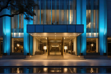 Elegant entrance to a modern building with blue lighting at night.