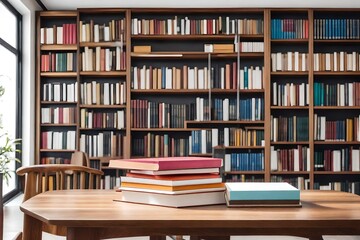 Reading room with empty wooden table, bookshelf, chair, colorful books on wooden shelf books with white wall background - obrazy, fototapety, plakaty