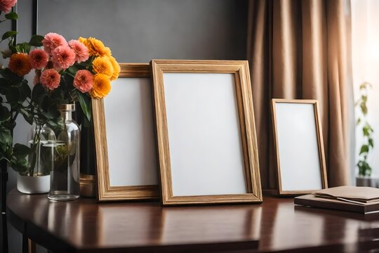 Blank picture frame above a side table with flowers and  plant
