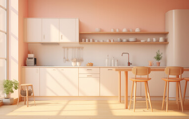Peach color modern kitchen interior with big window, natural light