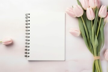 Top view of blank pages notebook or diary with tulips flower beside