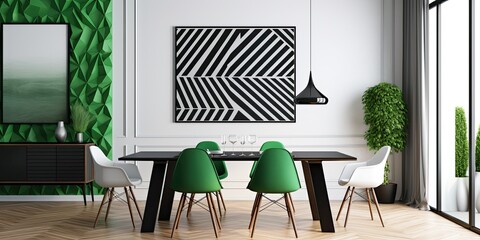 Modern dining room with green furniture, black and white table, contemporary style, visual