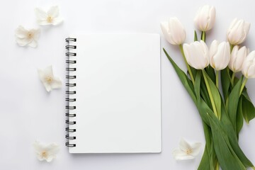 Top view of blank pages notebook or diary with tulips flower beside - obrazy, fototapety, plakaty