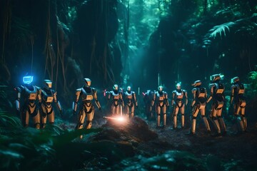 A squad of humanoid robots engaged in a laser battle against alien creatures in a dense alien jungle. - obrazy, fototapety, plakaty