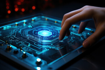 A hand interacts with a futuristic digital interface on a tablet.
