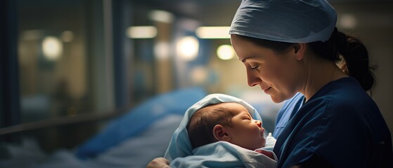 Nurse cradling newborn baby in hospital. Maternal healthcare and infancy. - obrazy, fototapety, plakaty
