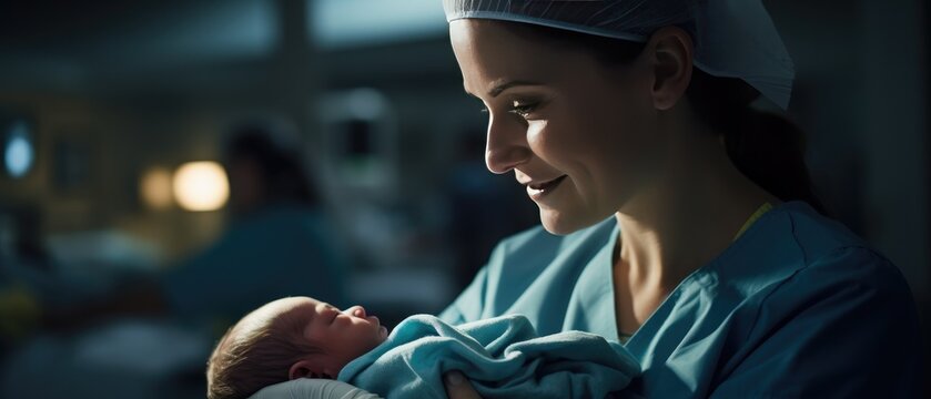 Nurse Holding Newborn Baby In Hospital Room. New Life And Healthcare.