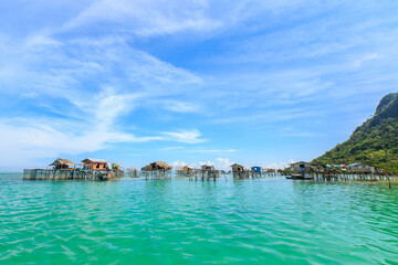 Beautiful landscapes view borneo sea gypsy water village in Mabul Bodgaya Island, Malaysia.