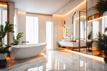 Fototapeta na wymiar Modern luxury white bathroom with garden view, There are marble floor and wall and glass clear partition, Decorated with orange lights hidden behind the mirror