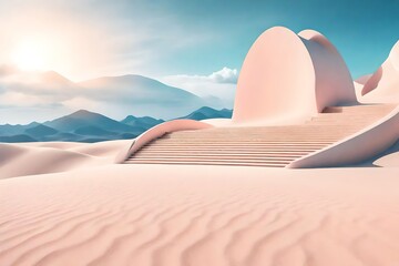 Abstract Surreal pastel landscape background with arches and podium for showing product, panoramic view, Colorful dune scene with copy space, blue sky and cloudy, Minimalist decor design - obrazy, fototapety, plakaty