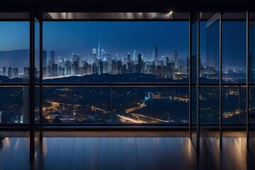 Empty glass wall balcony with city skyline view . Night scene .Mixed media