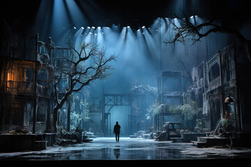 A solitary figure stands in a hauntingly lit, abandoned stage set, evoking mystery.