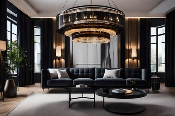 Chic black chandelier above couch in contemporary living room