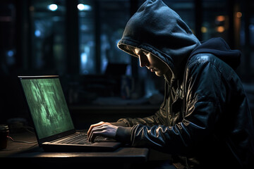 A focused individual in a hoodie works on a computer in a dark room, evoking themes of cybersecurity. - obrazy, fototapety, plakaty