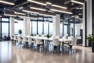 The interior decoration of a modern and stylish office space, white chairs and tables, with good...