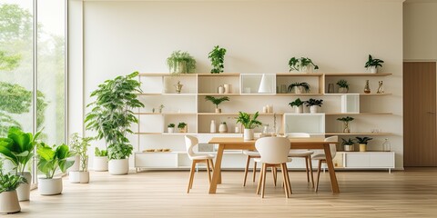 Modern dining room with stylish renovation featuring bright wooden floor, white furniture, shelves, crockery, and potted houseplants.