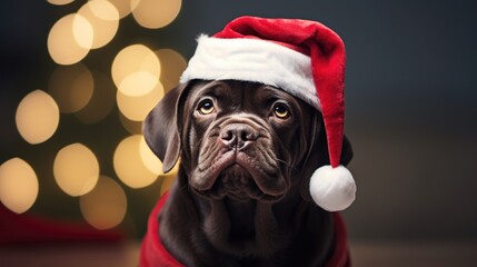 A dog wearing a Santa hat - obrazy, fototapety, plakaty
