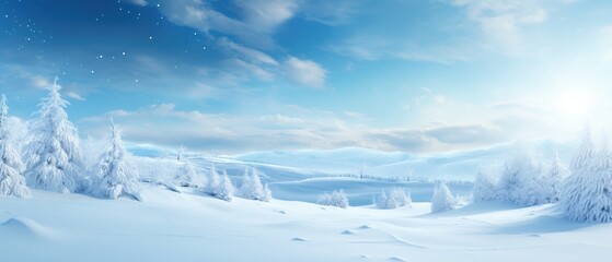 Winter panorama with snow-covered trees and clear blue sky. Serene landscape.