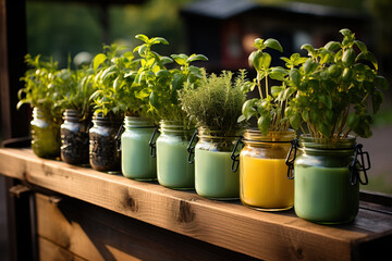 Pastel-colored mason jars repurposed as herb planters on a wooden ledge outdoors.