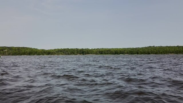 Low level view of choppy waters on river.  Flying birds in distance