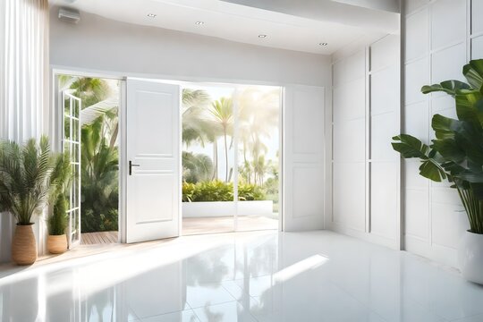Modern white . There are white tile wall and floor.The room has large open door looking out to the tropical garden